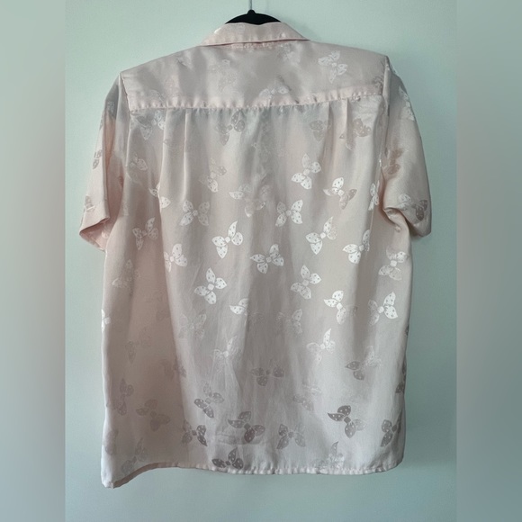 Vintage Jordan New York Button Up, V-Neck Pink Collared Blouse, Bow Print Sz 5/6 - Picture 4 of 11